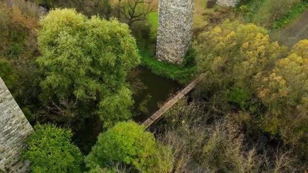 Beautiful top view of the suspension bridge across the river — Stock Video