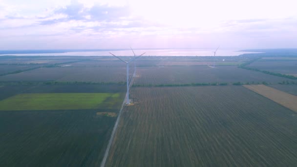 Sahildeki bir tarlada çalışan hava türbinlerinin hava görüntüsü. — Stok video