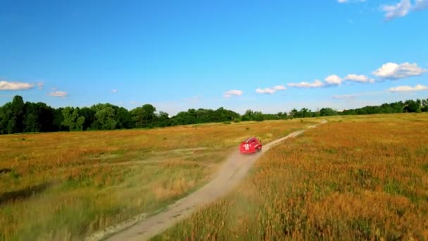 Ovanifrån av en brandbil racing på en fältväg för att släcka en brand i ett fält — Stockvideo