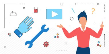 Sanal ofiste çalışan bir iş adamı, iş adamının beyin fırtınası analitik projesi