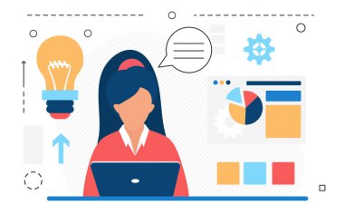 Şirket veri analizi ve muhasebe üzerine dizüstü bilgisayarla çalışan iş kadını analisti.