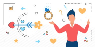 Evlilik teklifi kavramı romantik yay ve ok, nikah töreni yüzük sembolleri