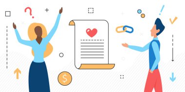 Evlilik sözleşmesi belgesi ve çift, karı koca, evlilik çizgileri.