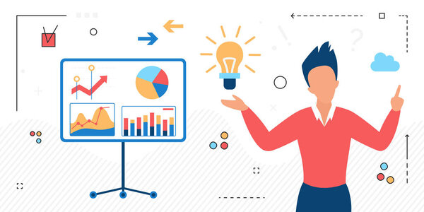 Бизнесмен, работающий с представлением финансовых данных, бизнес-аналитикой и образованием