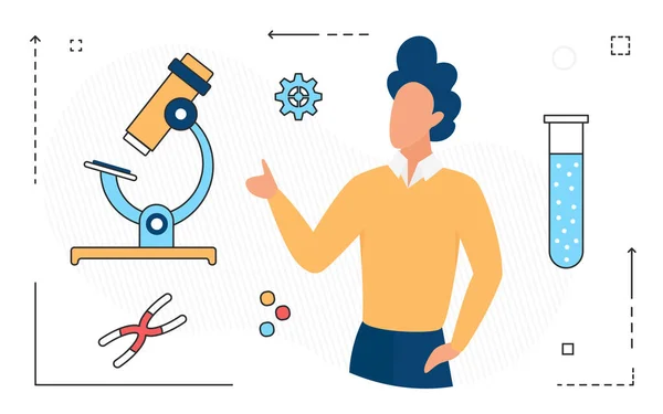 Концепция современных научных исследований в области химии, ген, символ микроскопа и человек — стоковый вектор