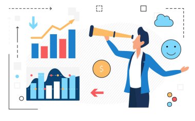 İş analizi, finans stratejisi, teleskoplu dürbünlü iş adamı