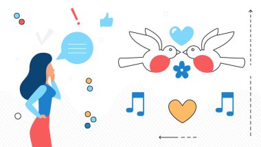 Romantik kalpli düğün konsepti, bir çift güvercin, romantik semboller ve kadın.