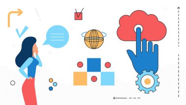 İş kadını düşünce, yaratıcı iş fikri, meydan okuma, çözüm üzerinde online çalışma