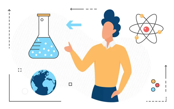 Ciência moderna física nuclear tecnologia de pesquisa, átomo, frasco símbolo científico e homem —  Vetores de Stock