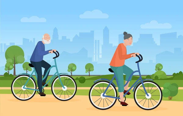 Két ember biciklizik városi háttérrel, egészséges életmóddal.. — Stock Vector