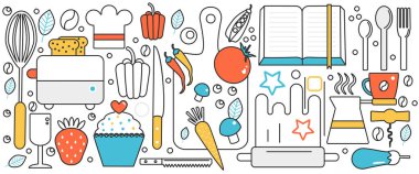 Yemek malzemeleri, yemek tarifi kitabı ve mutfak aletleri afişi, mutfak gereçleri sınırı