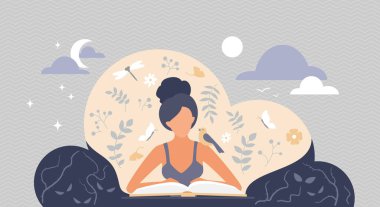 Kadın kitap okuyor, hayal gücünün fantezi bulutunda oturuyor, kendini eğitme konsepti.