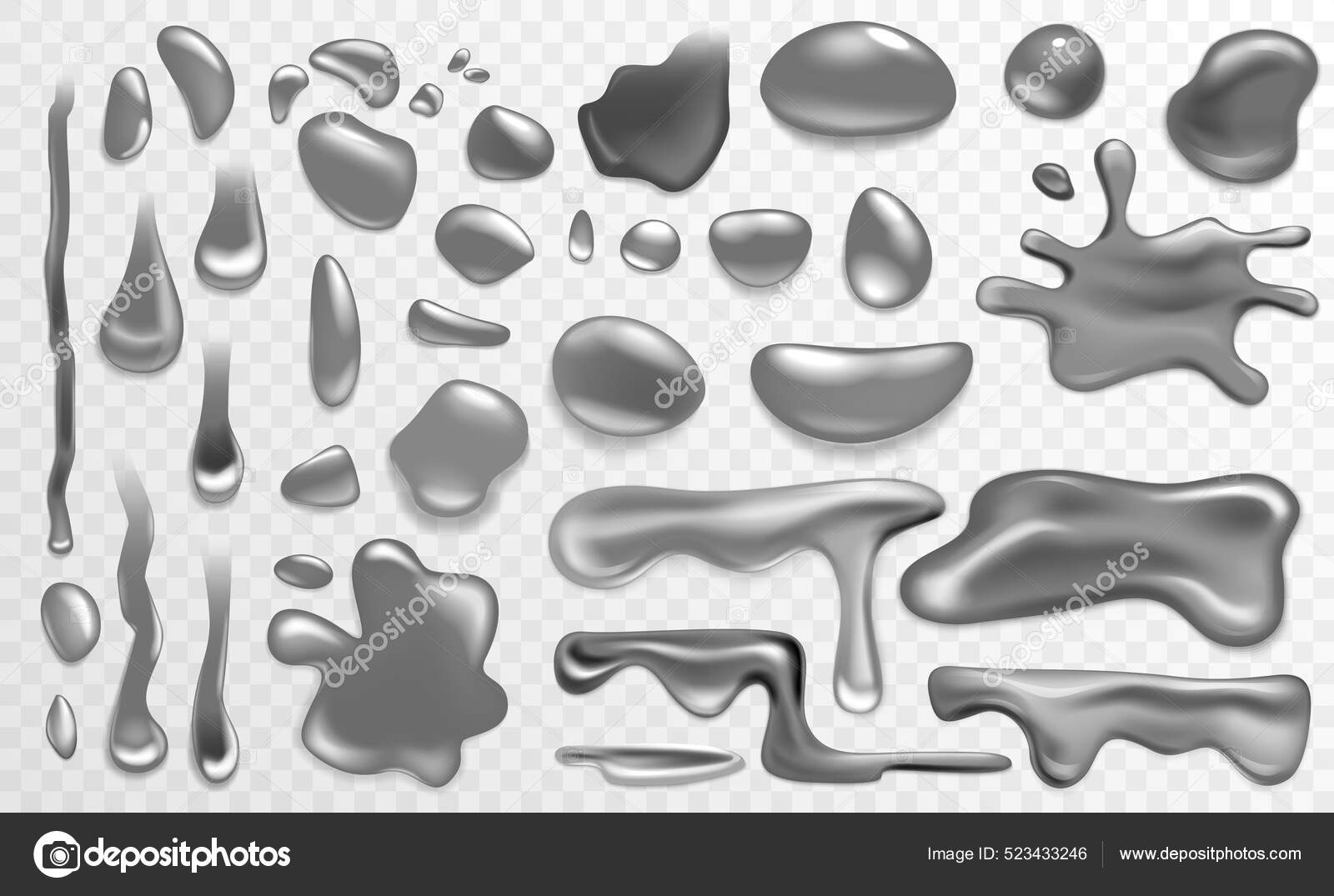은이나 크롬 금속 방울, 광택나는 질감으로 반짝 이는 3d 수은, 현실적 인 물방울 스톡 벡터 - ©Lembergvector  523433246, image size:1600x1075