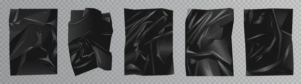Набір плівкових чорних зморщених поліетиленових плівок, 3d драпірування розкішного пластику з шовковою поверхнею — стоковий вектор