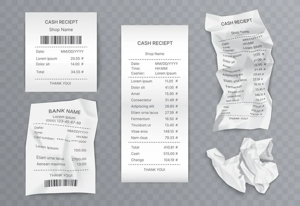 Recibo de efectivo, juego de facturas de papel, cheque de pago realista 3d de la máquina de cajero para la orden — Archivo Imágenes Vectoriales