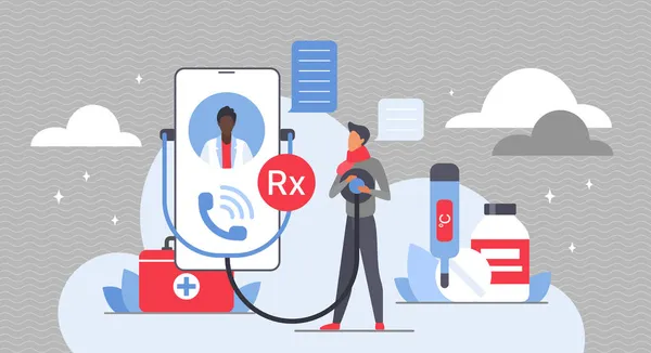 Online-Kommunikation in der Medizin, medizinische Beratung, Videotelefonie von Patient zu Arzt — Stockvektor