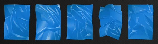 Modrá zmačkaná polyetylenová fólie, 3D drapérie z luxusního plastu s hedvábným povrchem — Stockový vektor