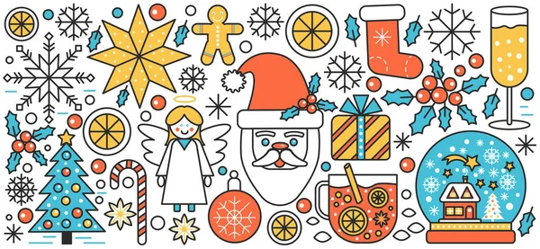 Feliz Navidad, Decoración de Navidad con cinta en la caja de regalo, juguetes para árbol de Navidad — Archivo Imágenes Vectoriales