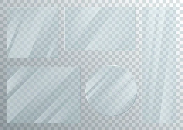 Zestaw szklanych okien z przezroczystym efektem, 3d realistyczny przezroczysty błyszczący panel ramy — Wektor stockowy