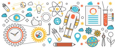 Uzay bilimi yenilik teknolojisi, astronomi, uzay elbisesi içinde uçan astronot.