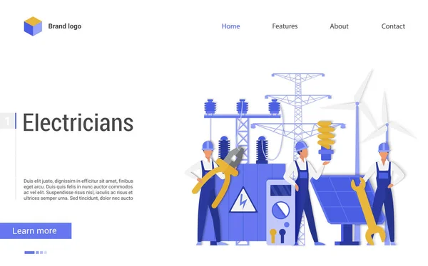 Elektrik şirketlerinden oluşan bir ekip, elektrik hatları konseptini kontrol ediyor. — Stok Vektör