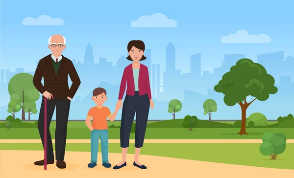 Caminando por la ciudad abuelo y madre nieto — Vector de stock