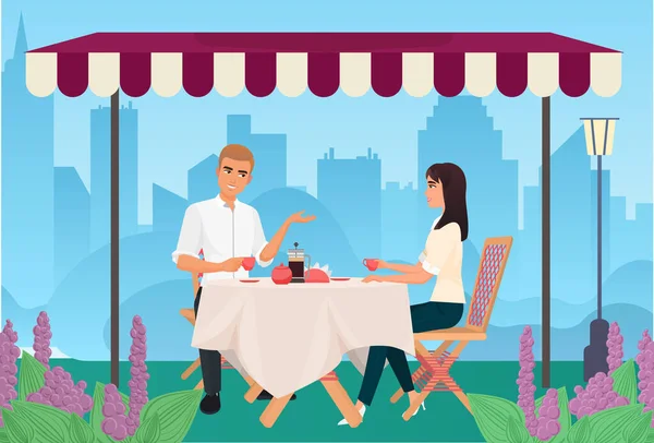 Pareja citas y desayunar restaurante al aire libre — Archivo Imágenes Vectoriales