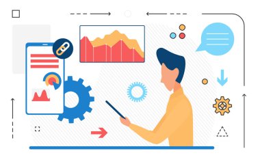 Adam finansör tablet bilgisayarındaki ekonomik ve muhasebe göstergelerini analiz ediyor.