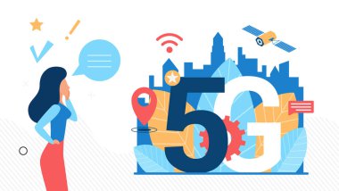 Akıllı telefonlu karikatür kadın 5G teknolojisi kullanıyor.