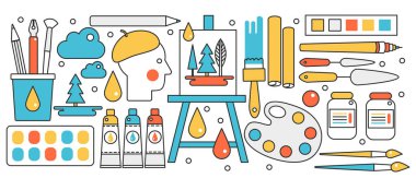 Yaratıcı sanat stüdyosu ya da okul, zanaat hobisi, materyal ve doğrusal aletlerle sanatçı