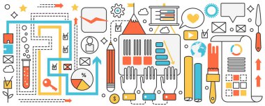 Yaratıcı stüdyo işi takım çalışması, ofis ekibinin elinde çalışmak için profesyonel araçlar.