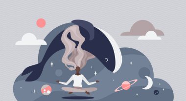 Yoga meditasyonu, uzayda yüzen kız konsantrasyonu, lotus pozunda meditasyon yapan kadın.