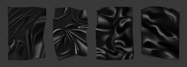 Full svart rynkig rektangulär plåt med latex textur set, realistiska plast livsmedelsförpackningar — Stock vektor