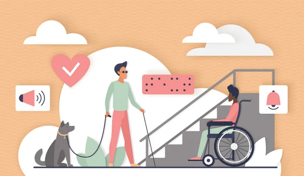 Atención a personas con discapacidad física, acceso gratuito y rampa para personas en silla de ruedas — Vector de stock