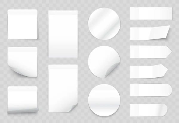 흰색 종이 스티커 세트 , 3d 현실적 인 접착빈 페이지 템플릿, 끈끈 한 메모 라벨 — 스톡 벡터