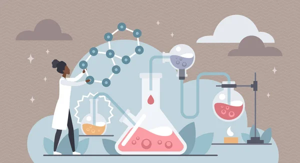 Pesquisa de laboratório de química, cientista ou estudante que trabalha com frascos de vidro de teste —  Vetores de Stock