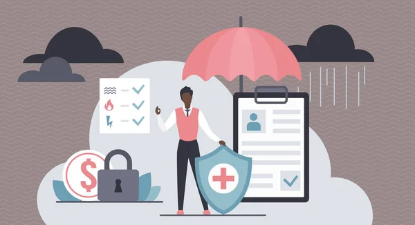 Contratto di assicurazione, tutela della vita e della salute, persona con ombrello e scudo — Vettoriale Stock
