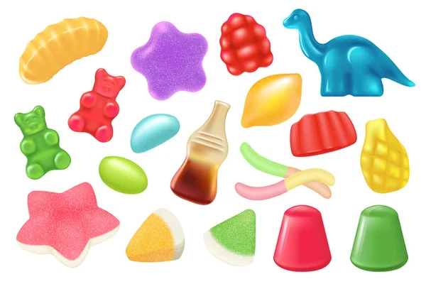 Набір цукерок з жувального желе, 3d солодких персонажів, барвисті ведмеді та пляшка кола, веселий черв'як — стоковий вектор