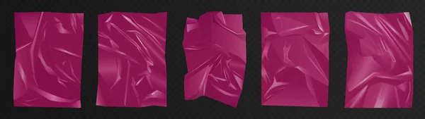 Körsbär violett rosa skrynklig polyeten, plastfilm set, 3d lim pappersark, cellofan för påse — Stock vektor