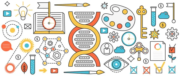 Wissenschaft Forschungstechnologie und Exploration, Prozess der Laboruntersuchung von DNA, Atomen — Stockvektor