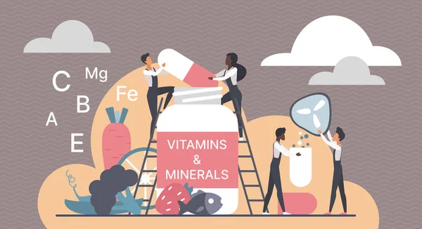 Complément alimentaire, vitamine nutritive, personnes minuscules avec bouteille pleine de capsules multivitaminées — Image vectorielle