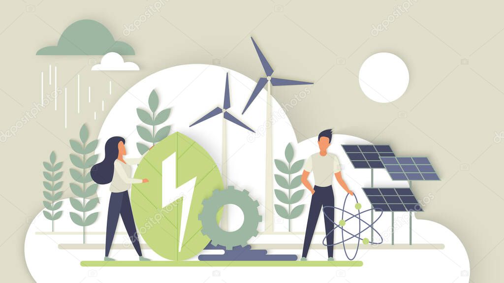 Green energy and alternative eco friendly future technology, solar panels, windmill