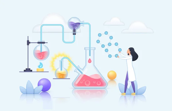 Kimya laboratuvarı araştırması, bilimsel yenilik test tüpleriyle çalışan minik bilim adamları. — Stok Vektör