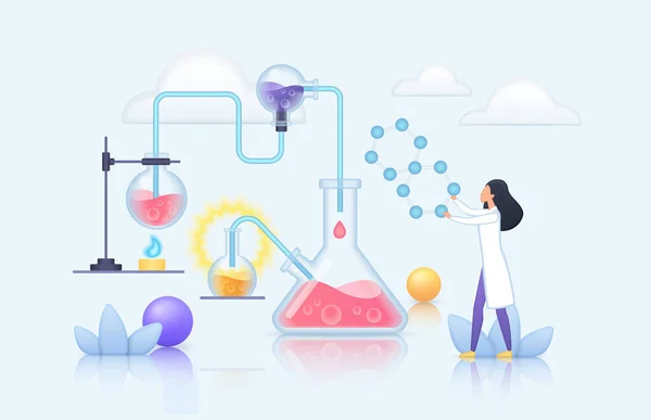 Laboratoire de chimie recherche, innovation scientifique, minuscule scientifique travaillant avec des éprouvettes — Image vectorielle