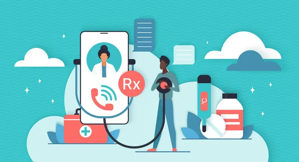 Wirtualna pomoc medyczna, konsultacje zdrowotne dla diagnozy i recepty RX, rozmowy wideo — Wektor stockowy