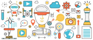 Otomasyon gelecek akıllı teknoloji, robot, yapay zeka dijital beyin kontrolü ve siber sistemler