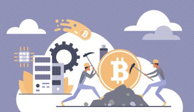 Kripto parası, dijital para birimi teknolojisi, küçük adamlar kazmalarla bitcoin çıkarıyorlar.