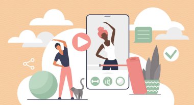 Sanal yoga ya da pilates egzersizi, evde spor eğitimi, egzersiz yapan küçük bir atlet.