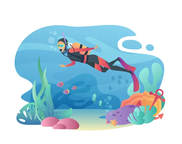 Scuola subacquea nuoto subacqueo attrezzata studente — Vettoriale Stock
