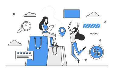 Heyecanlı kızlar satış sezonunda online alışveriş yapıyor.